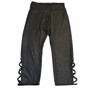 Half Moon Capri Leggings Small Black Shiny Leopard Print Strappy Cutout Design